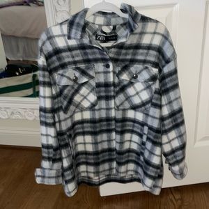 Zara women’s black and white flannel plaid shacket